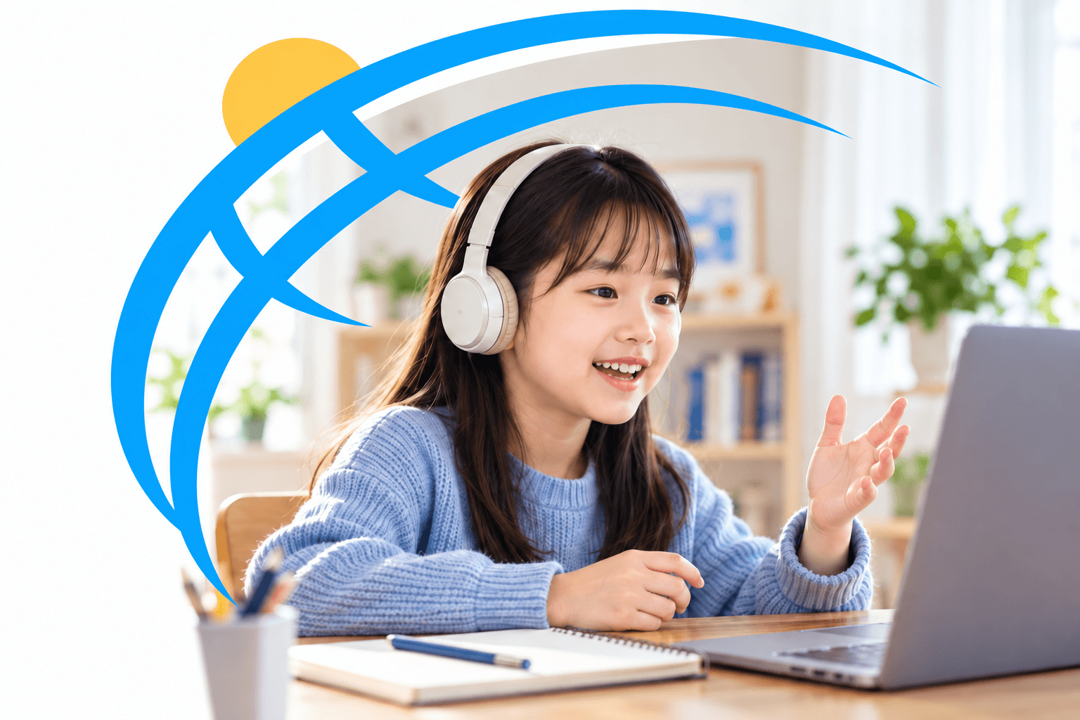 A child practising English communication at home